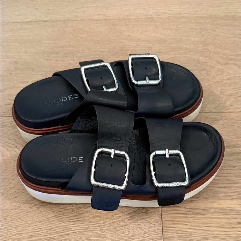 J Slides Black Sandals with Silver Buckles - Picture 2 of 6